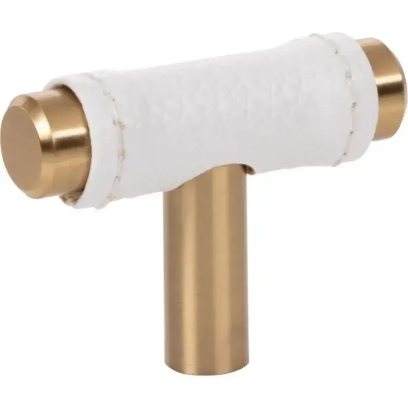 Zanzibar White Leather Knob Warm Brass 1 7/8 Inch