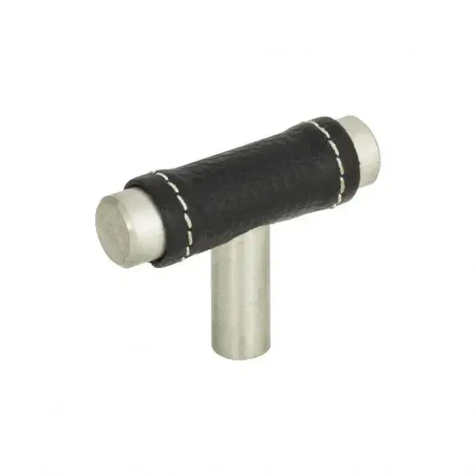 Zanzibar Black Leather Knob Brushed Nickel 1 7/8 Inch