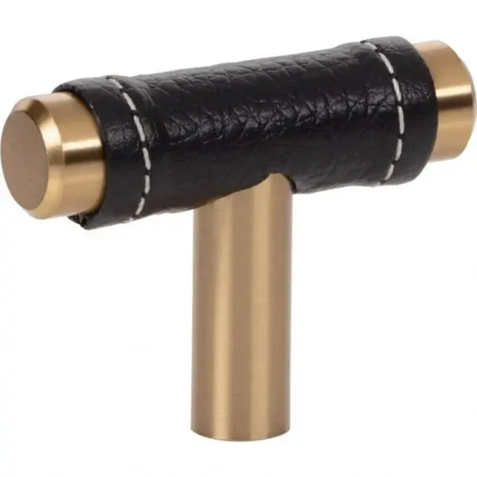 Zanzibar Black Leather Knob Warm Brass 1 7/8 Inch