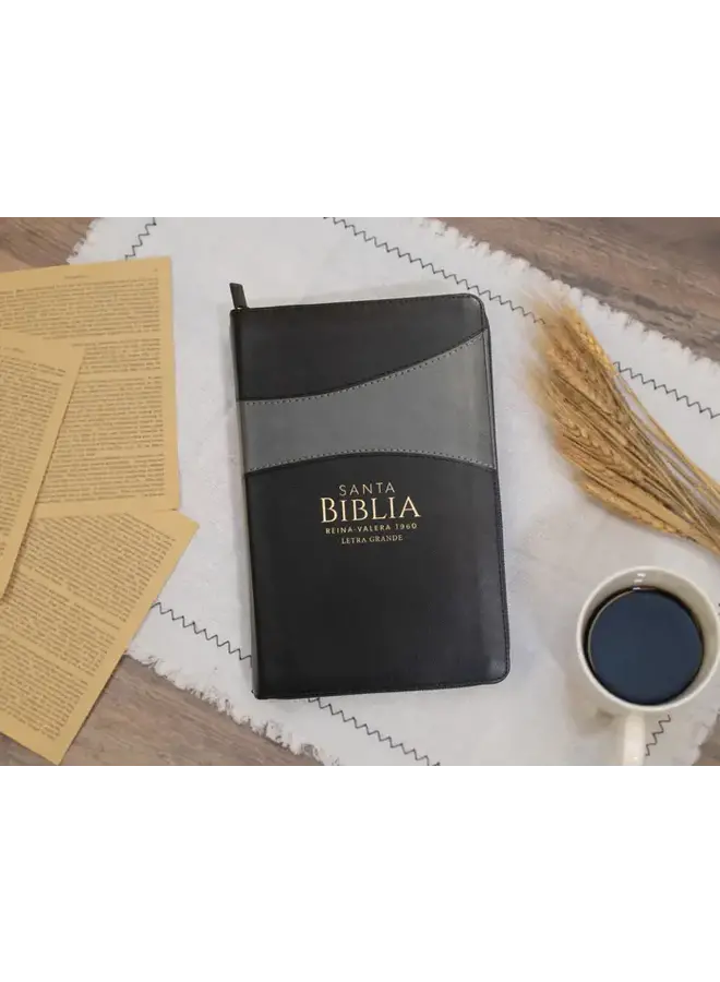 Biblia Reina Valera 1960 tamaño manual letra grande 12 puntos Imitación Piel negro/gris con cierre y con índice. Colección bitono