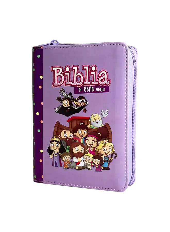 Biblia Reina Valera 1960 para niños Mi gran viaje. Tamaño bolsillo Imitación Piel lila con cierre.