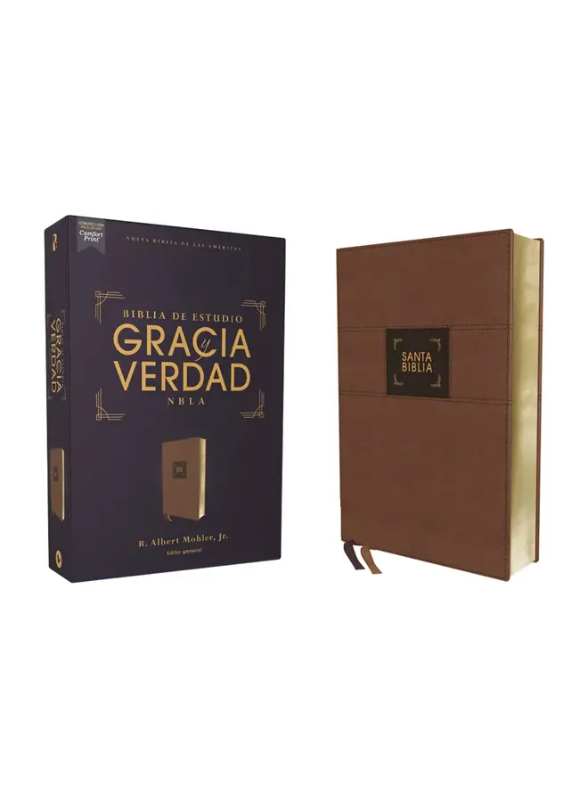 NBLA Biblia de Estudio Gracia y Verdad, Leathersoft, Café, con Indice, Interior a dos colores