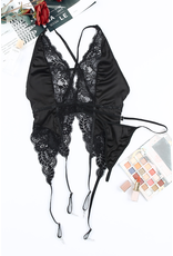 Babylon Babylon Satin Deep V-Neck Black Lace Bustier and Thong Set