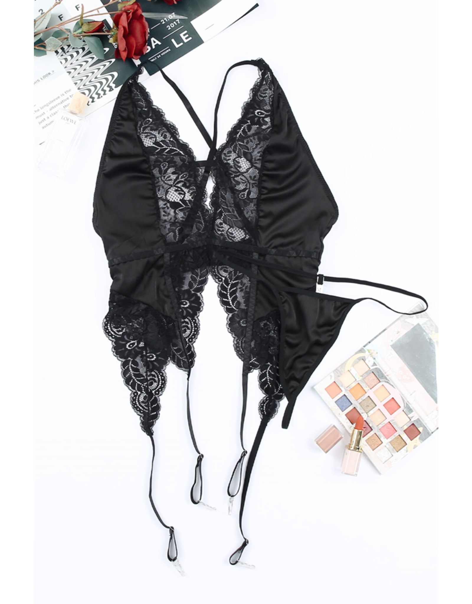 Babylon Babylon Satin Deep V-Neck Black Lace Bustier and Thong Set