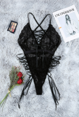 Criss Cross Strappy Snap Crotch Lace Black Teddy