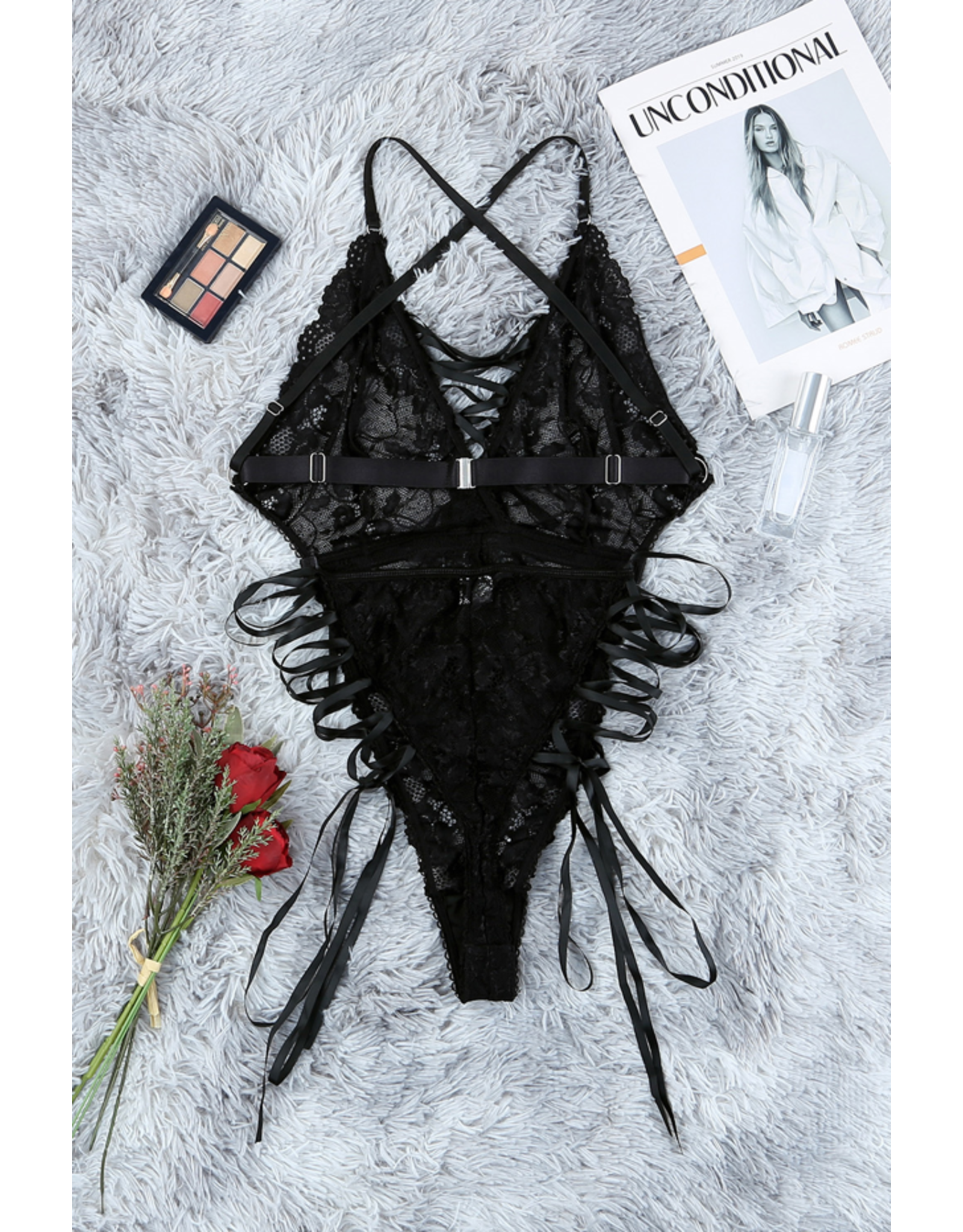 Babylon Babylon Criss Cross Strappy Snap Crotch Lace Black Teddy