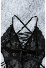 Babylon Babylon Criss Cross Strappy Snap Crotch Lace Black Teddy