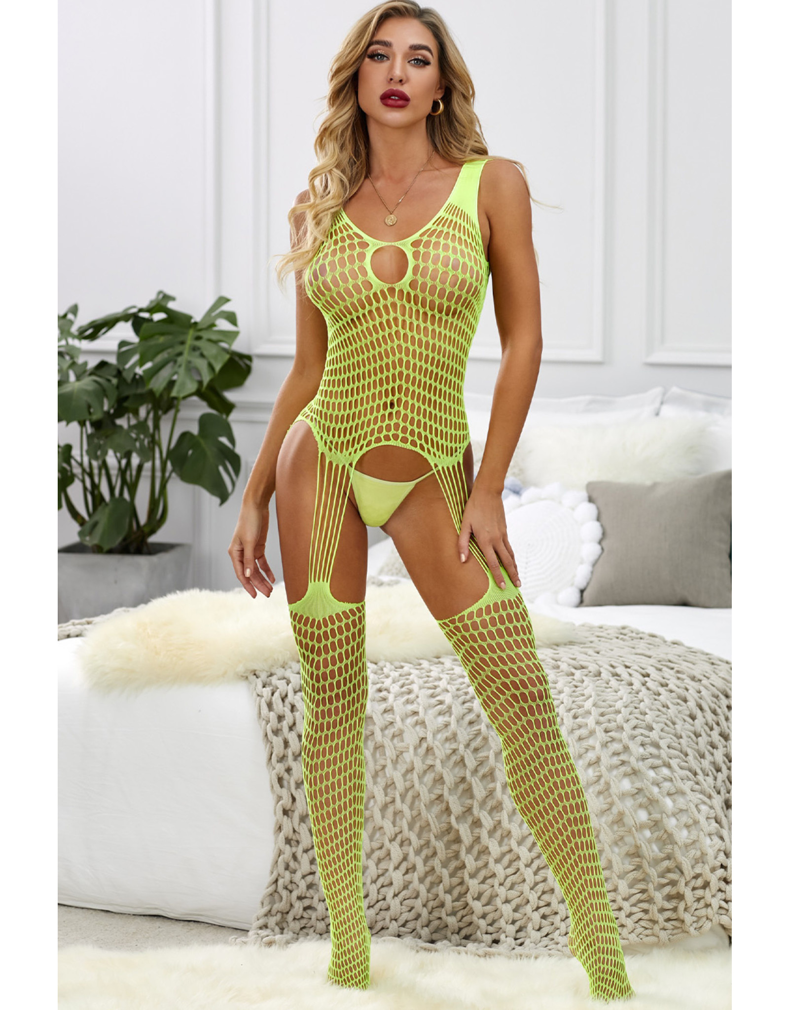 Babylon Babylon Fishnet Neon Green Suspender Sleeveless Bodystocking