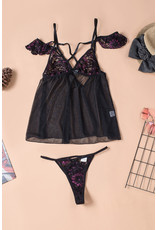 Babylon Babylon Black Splicing Straps Lace Mesh Babydoll Set