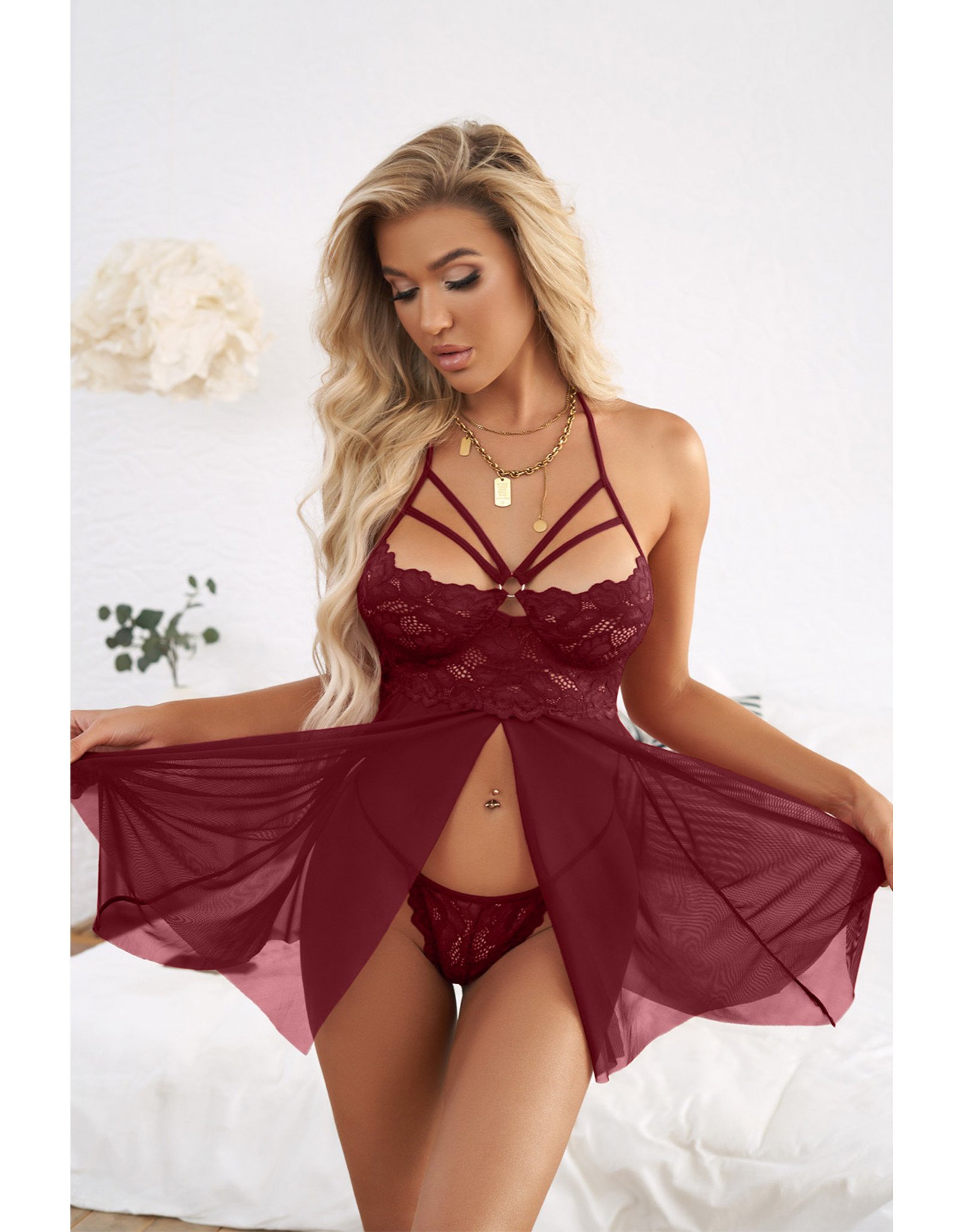 Babylon Babylon Sheer Lace Splicing Strappy Badydoll Set