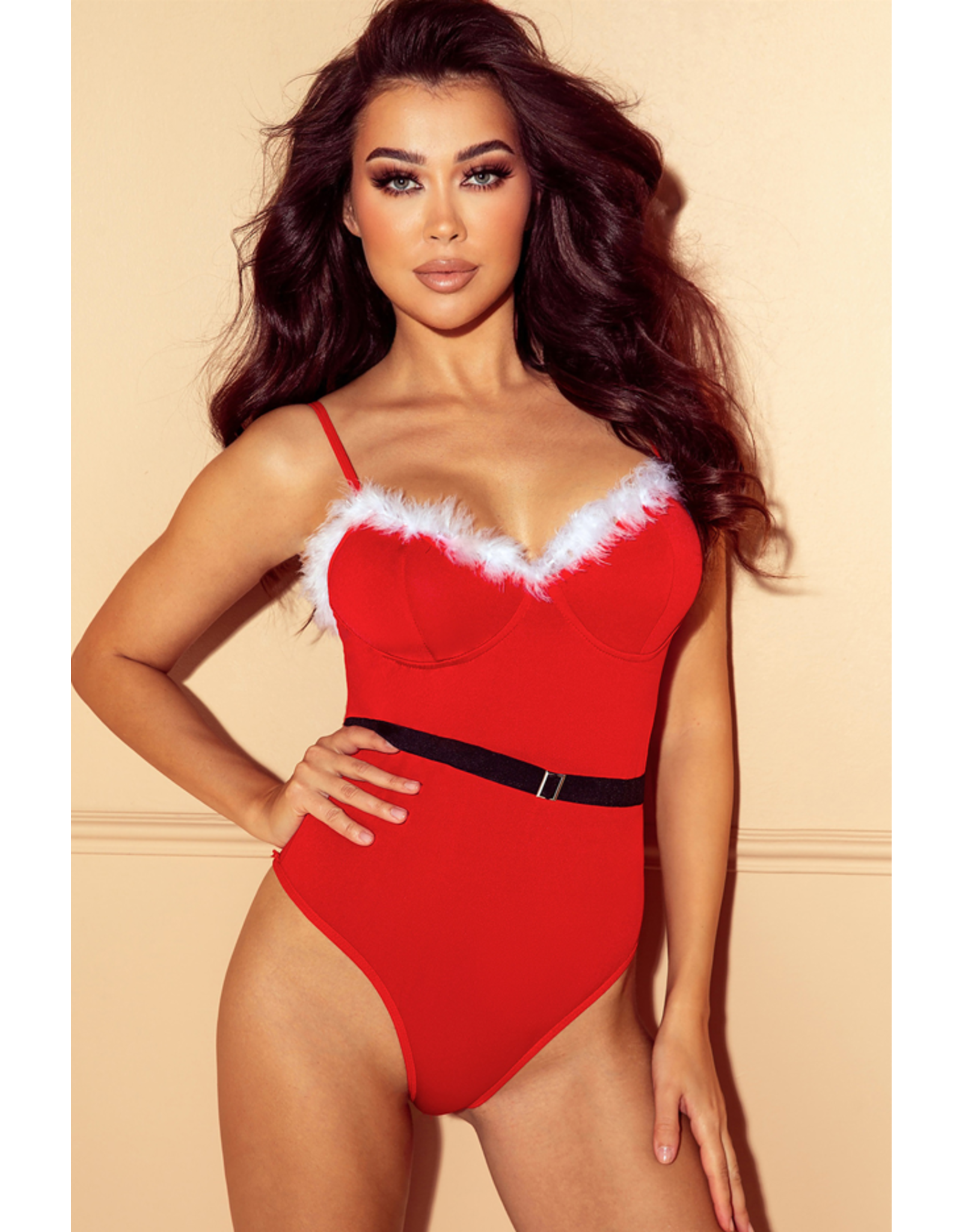 Babylon Red Feather Holiday Trim Push Up Cup Belted Teddy