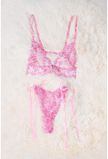 Babylon Babylon Mesh Lace-Up Floral Embroidery Pink Bra and Panty Set