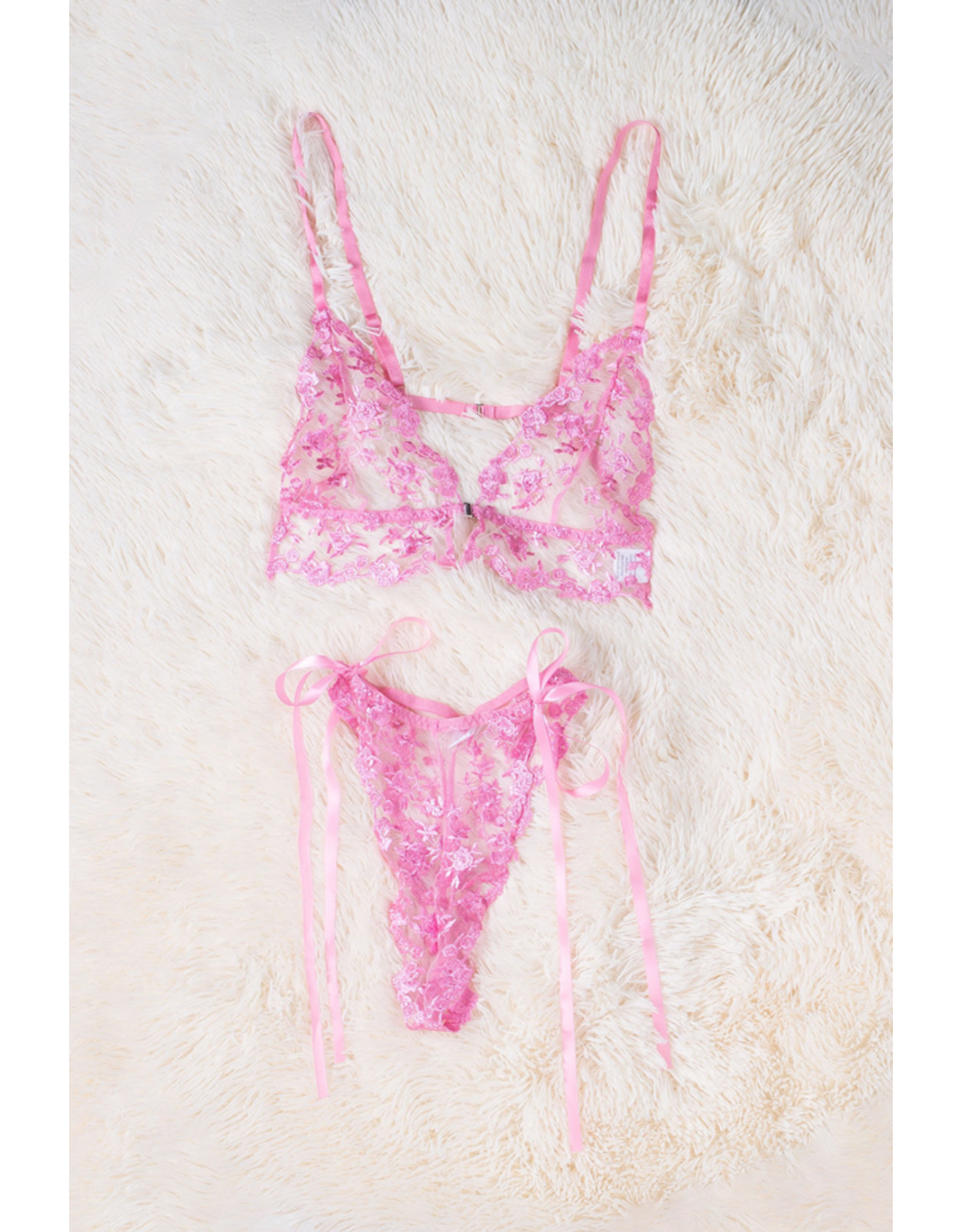 Babylon Babylon Mesh Lace-Up Floral Embroidery Pink Bra and Panty Set