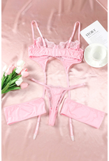 Babylon Babylon 3pcs Pink Sheer Lace Garter Belt Lingerie Set