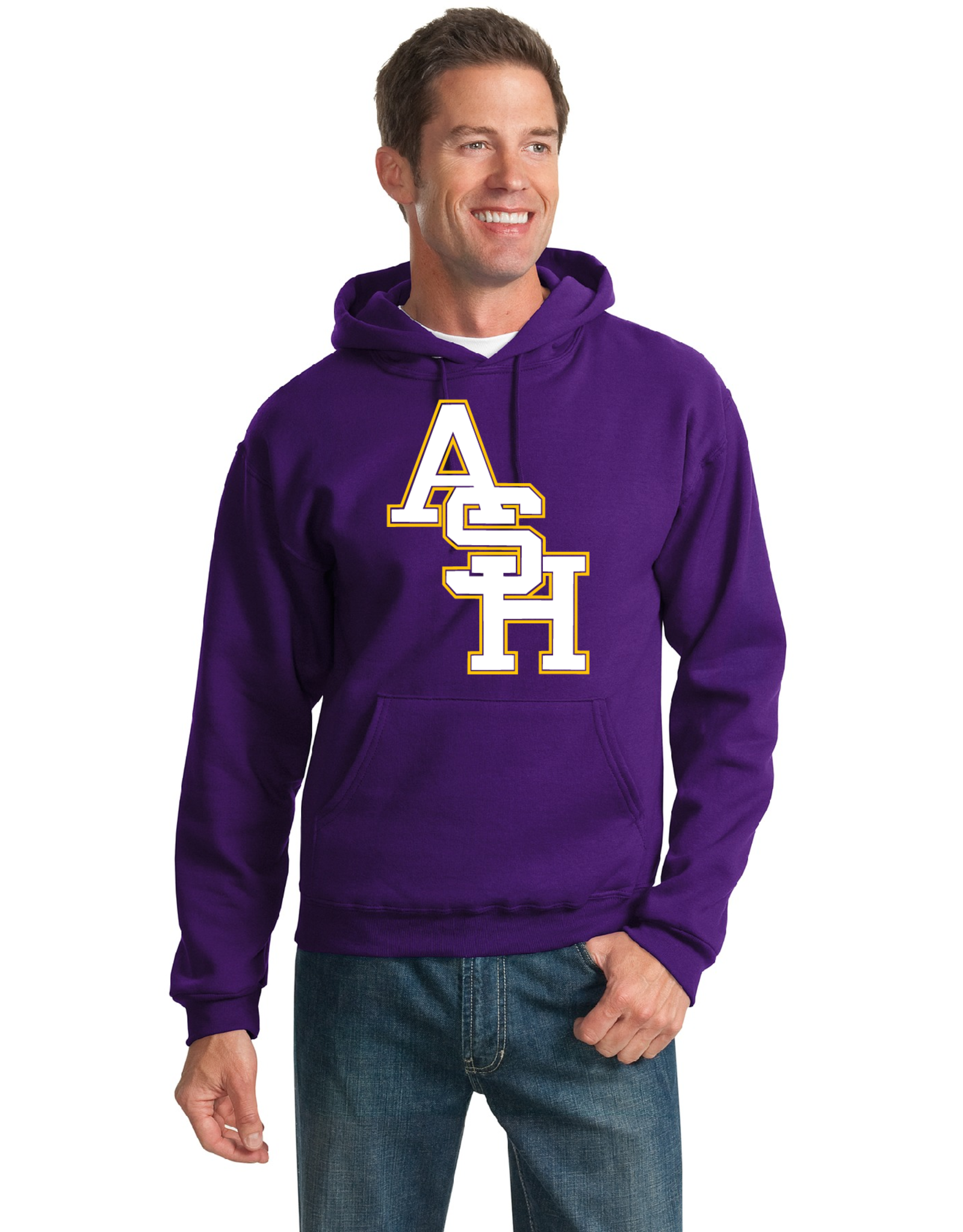 ASH  on Purple hoodie with logo on hood