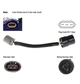 Alternator harness adapter for 3-pin round (IR7) sockets to newer 3-pin oval (IR11) style.