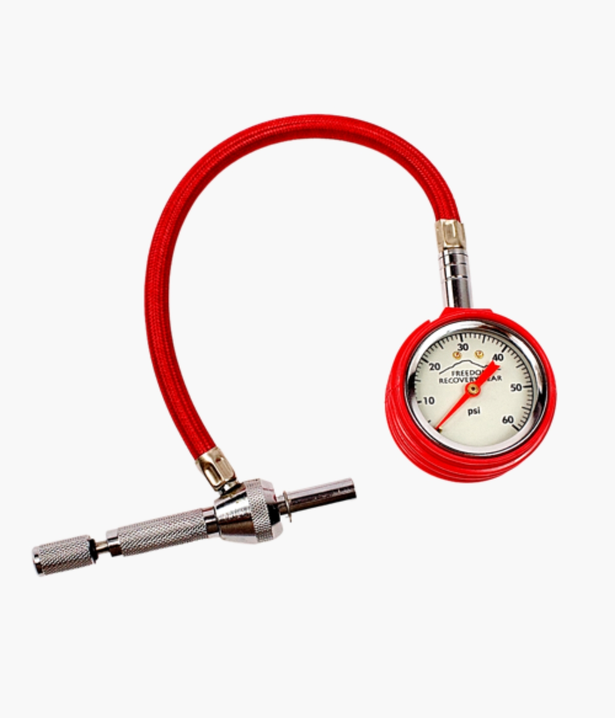 Freedom Recovery Gear - Self-Contained EZ-Rapid Tire Deflation Tool with Gauge,60 PSI c/w Glow in the dark Gauge face, extra long Barrel, Chrome Trim, Red hoseand Red Rubber Boot protector and Storage Bag - 719710723528