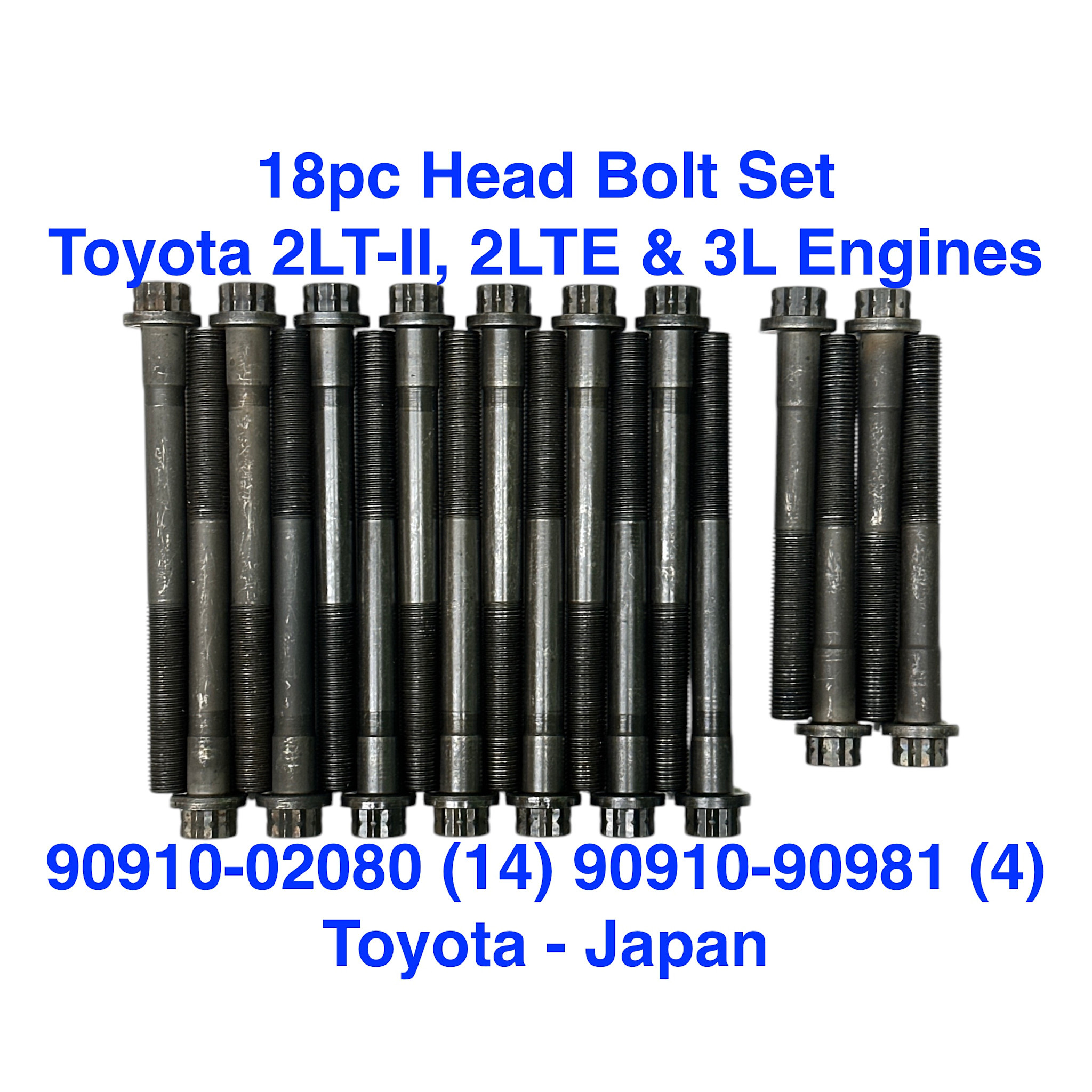 Bolts, Cylinder Head (Set) - Toyota 2LTII, 2LTE, 3L (18 pcs)  - 90910-02080 (14) & 90910-90981 (4) - OEM