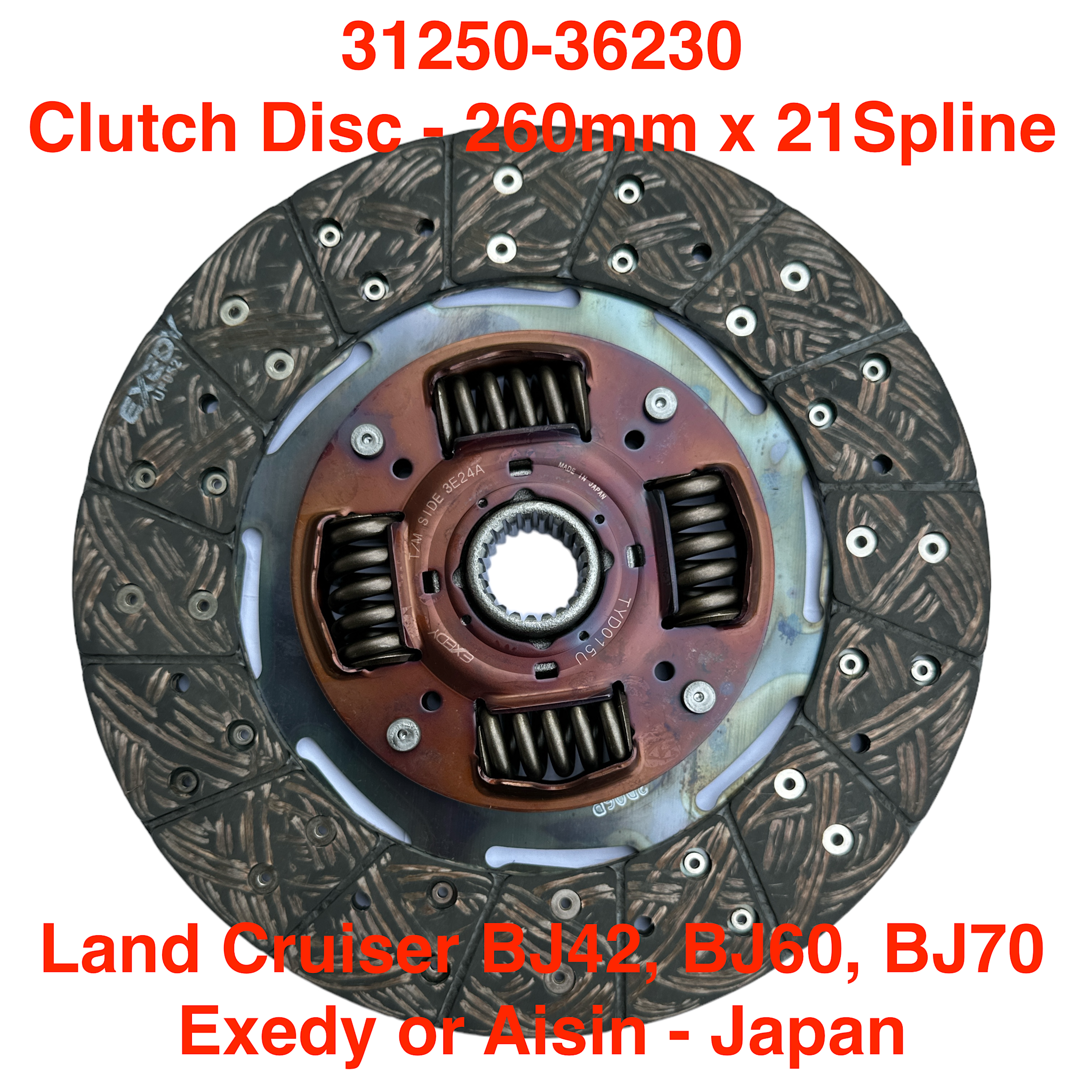 3B Clutch Disc, Exedy - Regular Duty - Land Cruiser BJ42, BJ60, BJ70 - (260mm x 21 spline) Part of kit TYK6296 - 31250-36230