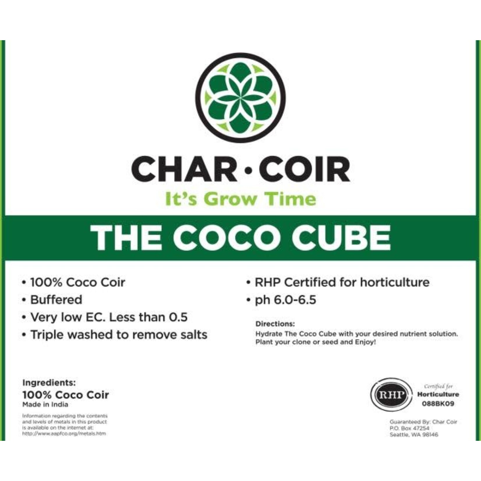Char Coir Char Coir Coco Cube RHP Certified Coco Coir, 2.25 L