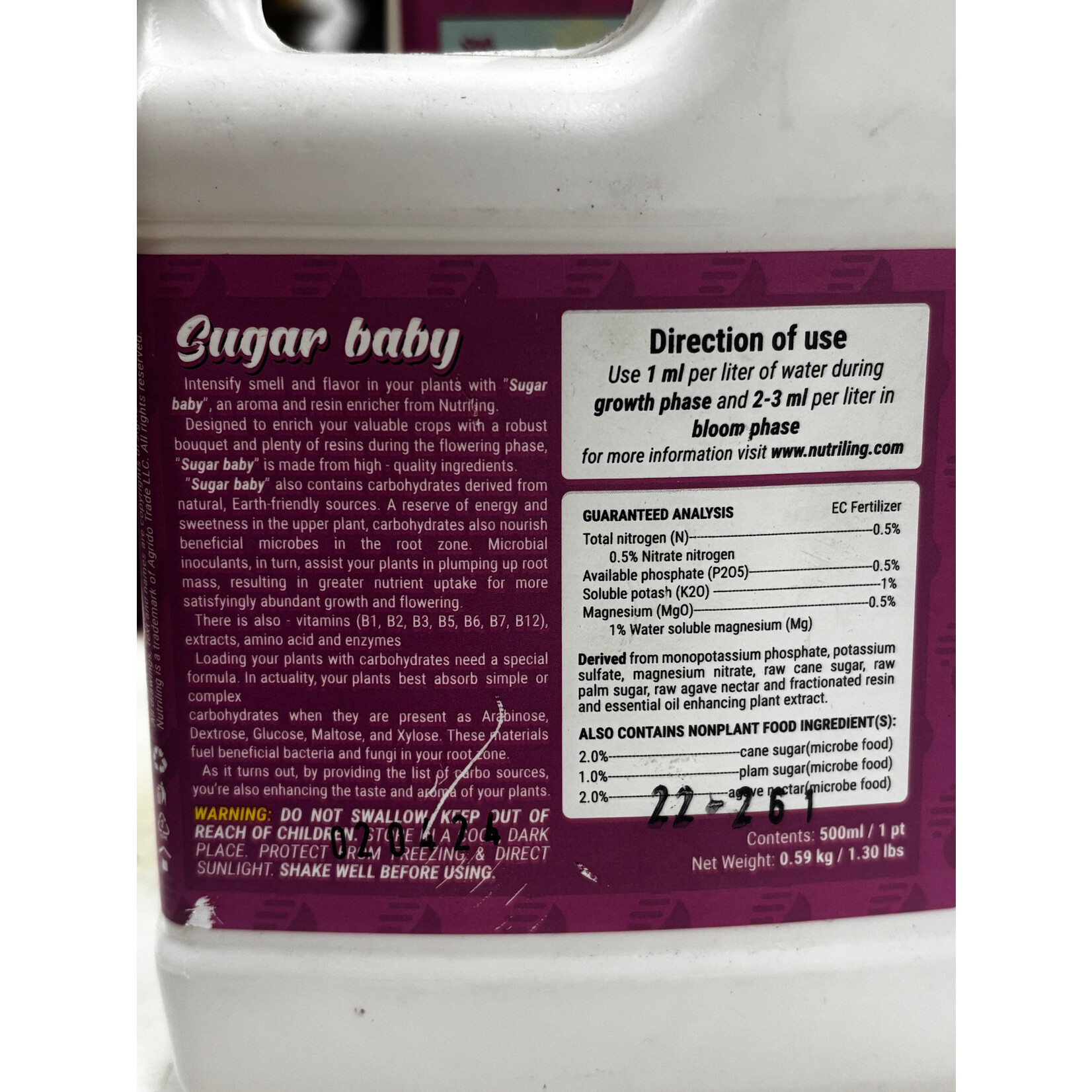 Nutriling Nutriling    Sugar Baby .5-.5-1   pint Terpenes Enhancer - Hydroponic Nutrients for Big Bud and Bud Candy Taste. Use as Soil Flower Food and Hydroponic Plant Food - Sugar Baby 0-1-1 Bloom Booster Terpinator by Nutriling