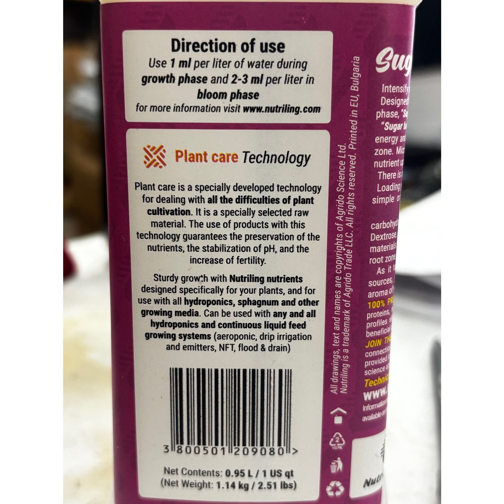 Nutriling Nutriling   Sugar Baby .5-.5-1   Quart Terpenes Enhancer - Hydroponic Nutrients for Big Bud and Bud Candy Taste. Use as Soil Flower Food and Hydroponic Plant Food - Sugar Baby 0-1-1 Bloom Booster Terpinator by Nutriling
