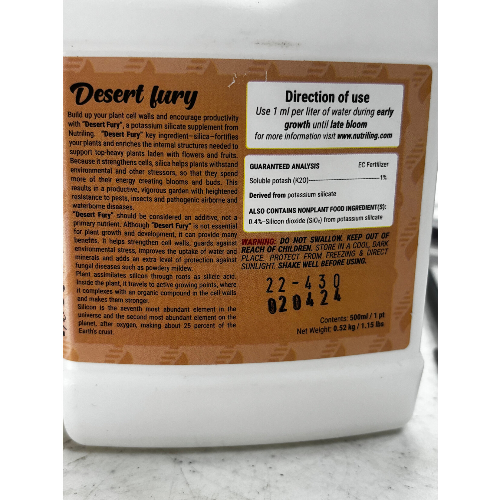 Nutriling Nutriling Desert Fury 0-0-1  Pint    Silica for Plants - Hydroponic Plant Food Enhances Cell Walls, Boosts Plant Strength. Ideal for Cactus, Bougainvillea, and Succulent Fertilizer  Silica Fertilizer