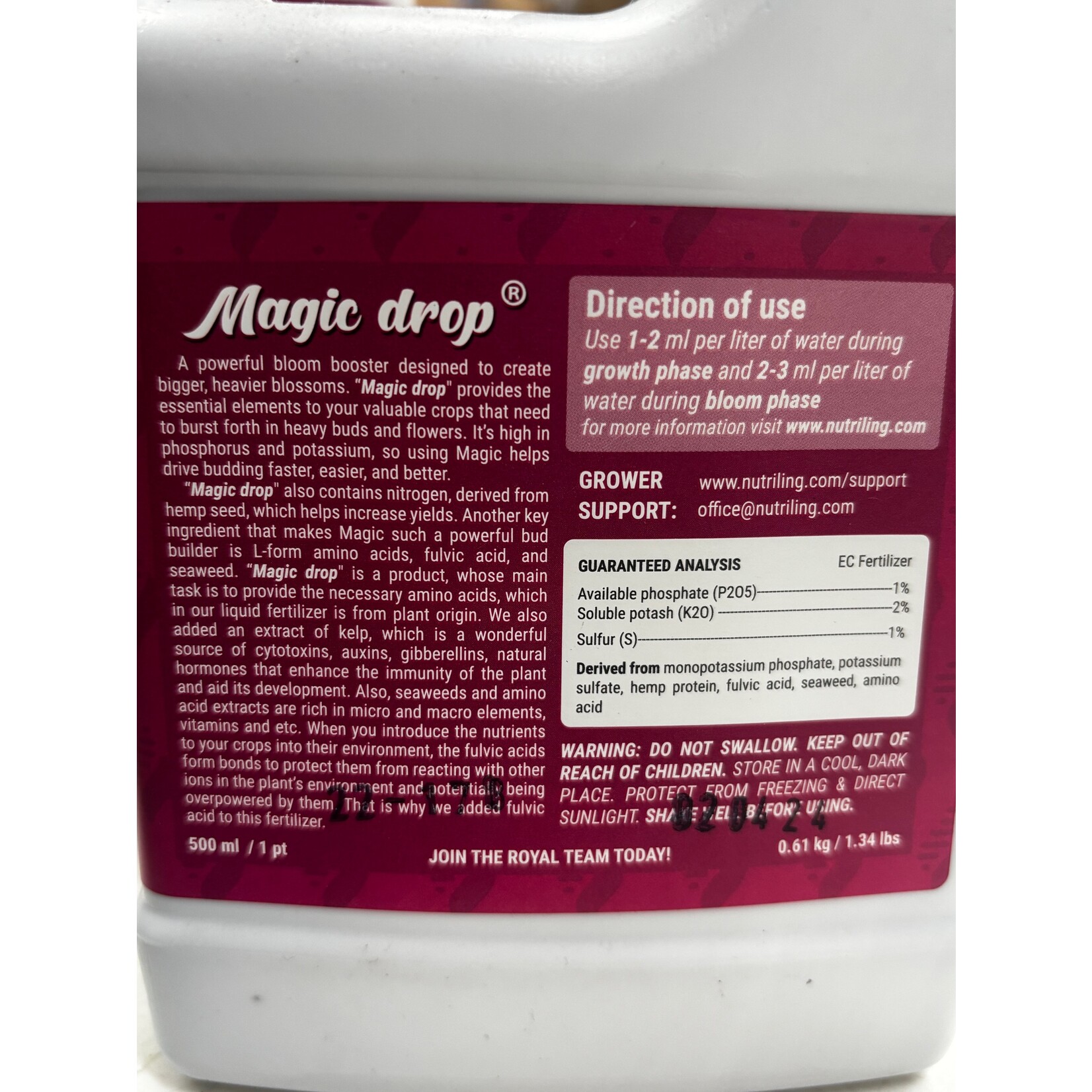 Nutriling Nutriling Magic Drop 0-1-2  Pint Liquid Seaweed Fertilizer and Liquid Kelp for Plants. Magic Drop 0-1-2 Big Bloom Liquid Plant Food and Liquid Seaweed - Indoor Plant Food for Houseplants and Liquid Fertilizer for Outdoor Plants