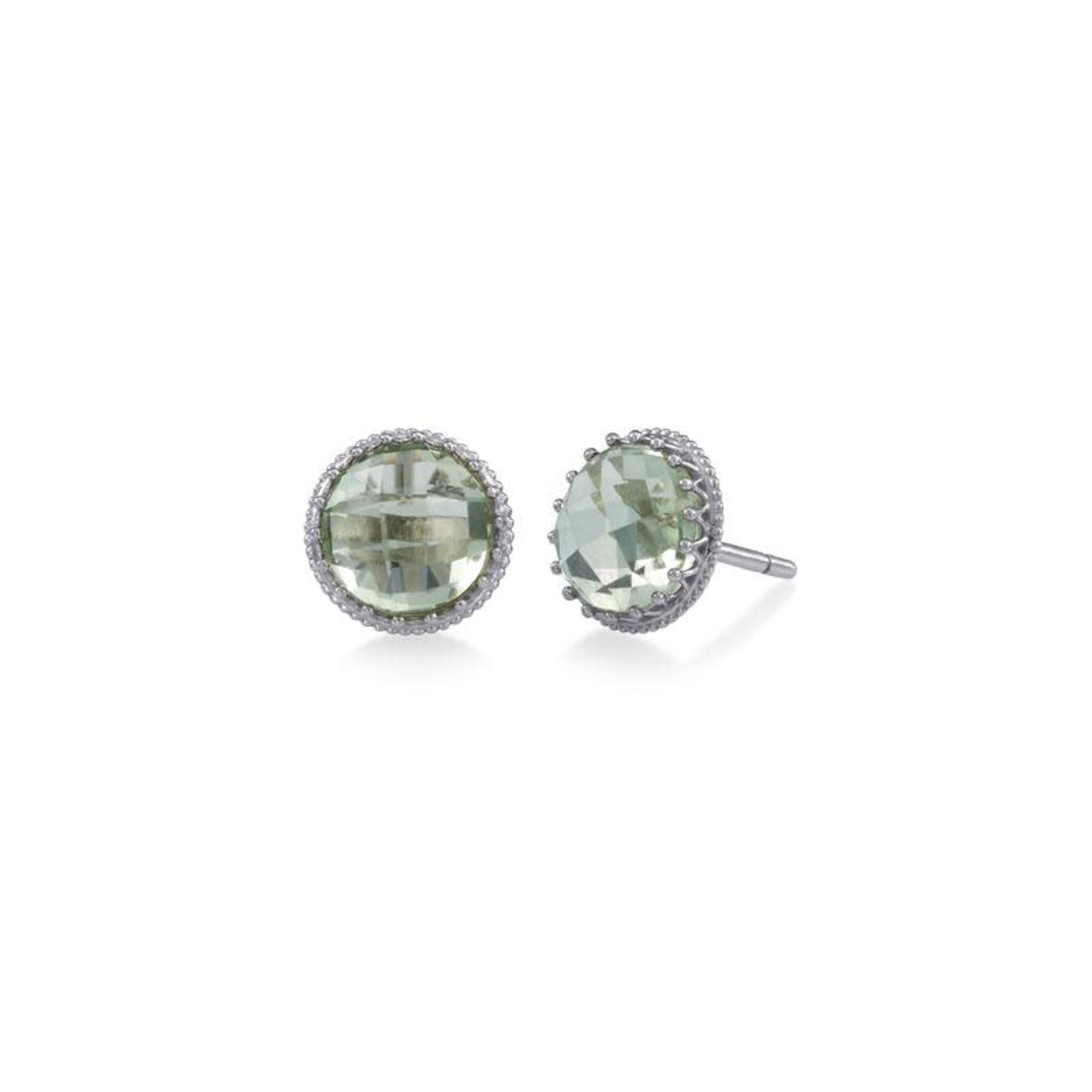 18kW Green Amethyst Checkerboard Cut Crown Collection Stud Earrings