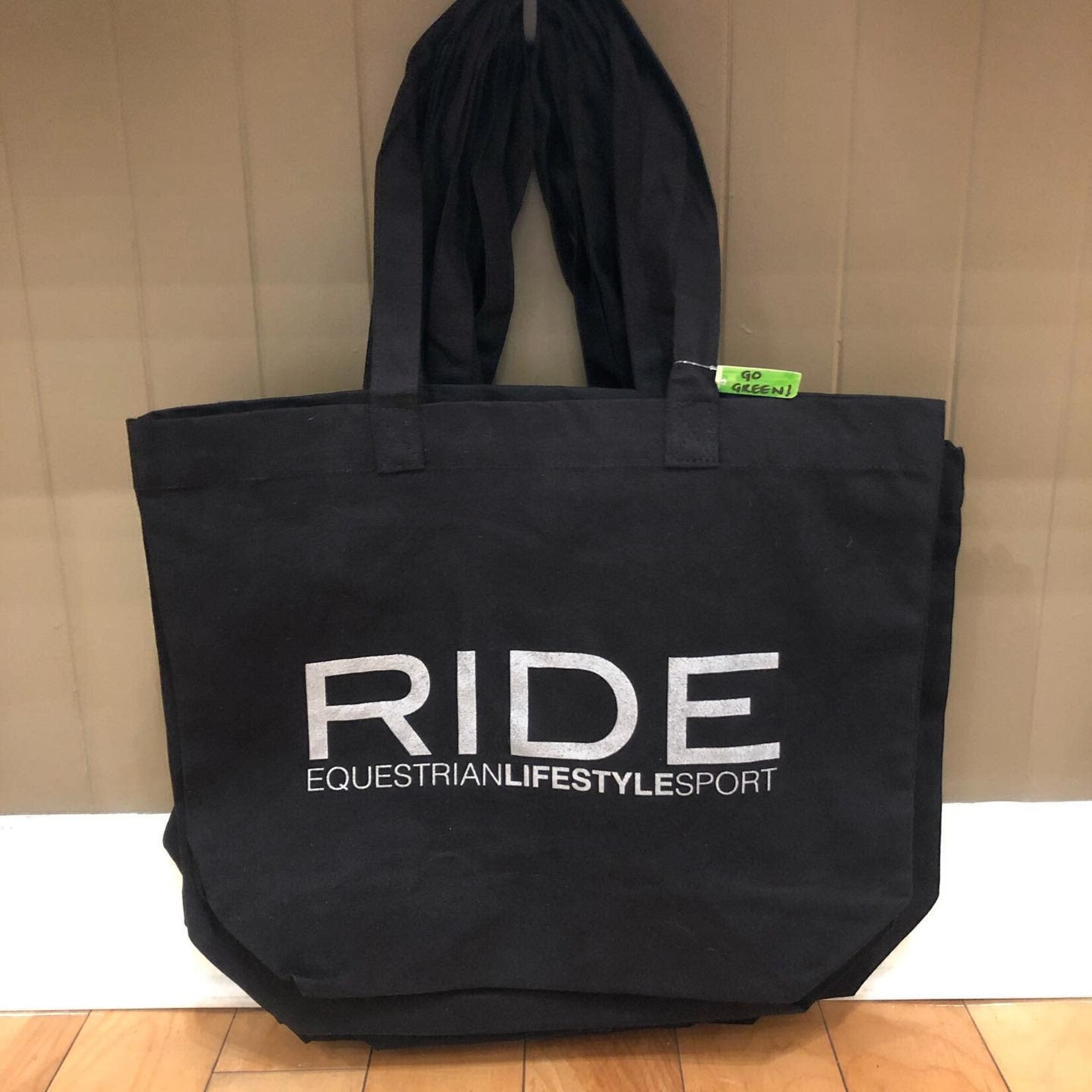 RIDE Printed Reusable Shopping Tote, Black with Metallic Silver Print