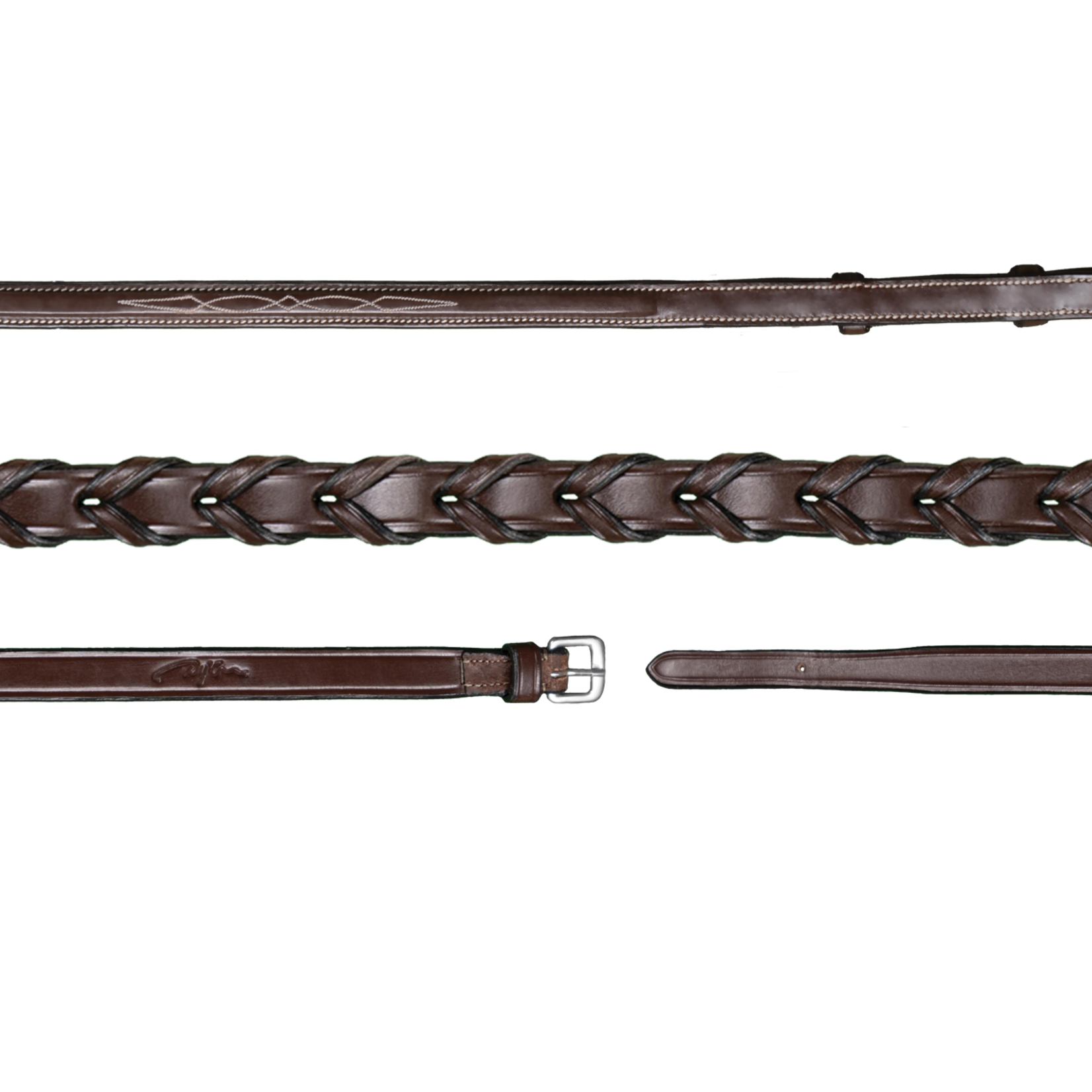 Dy'on US05R Dy’on 5/8” Hunter Laced Reins, Fancy Stitched, Cream Stitching, Nickel Hardware