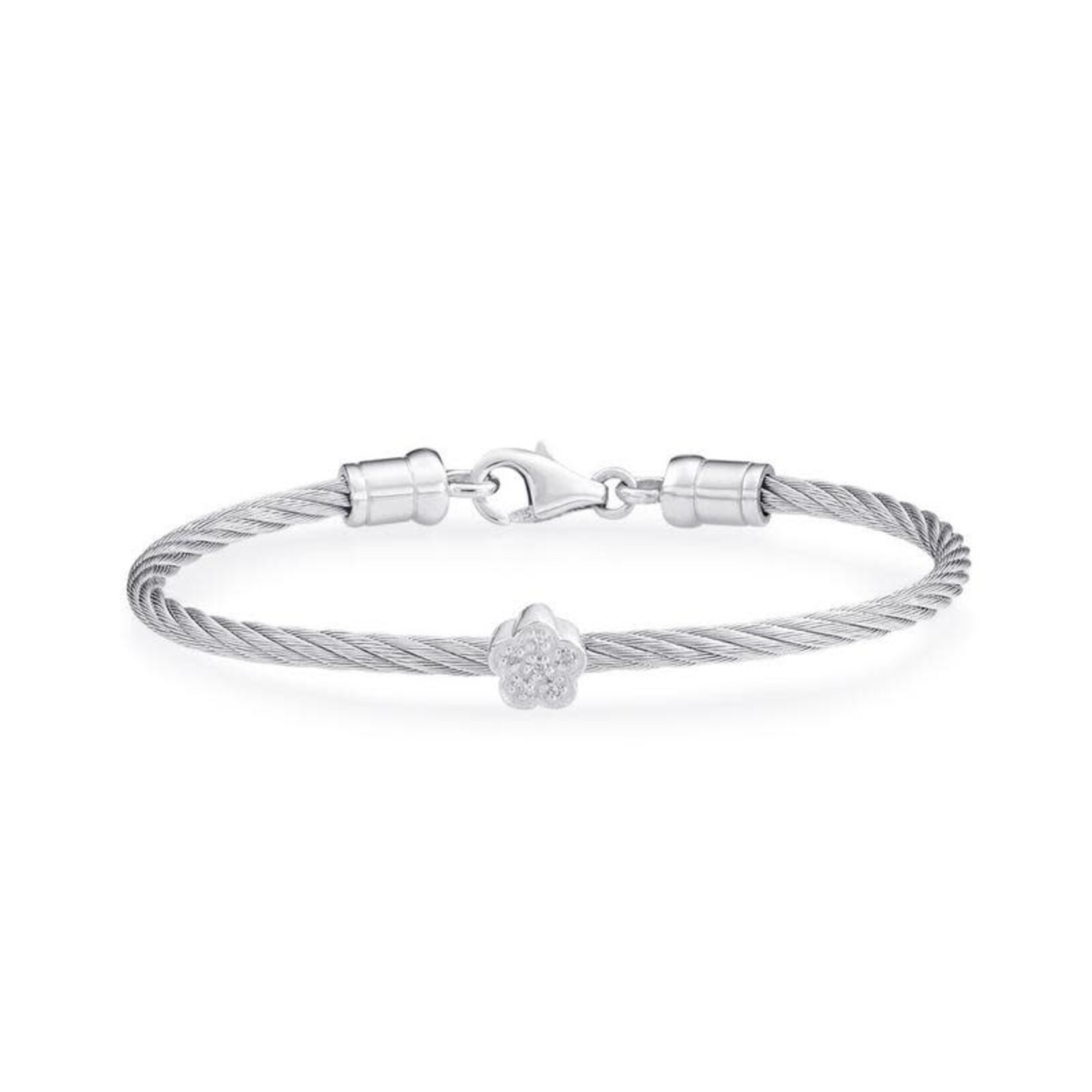 Silver Steel .02ctw Children's Diamond Flower Cable Bangle Bracelet