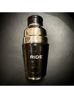 Graphic Image RIDE Leather Cocktail Shaker, silver embossed, ready for gifting in an elegant black box