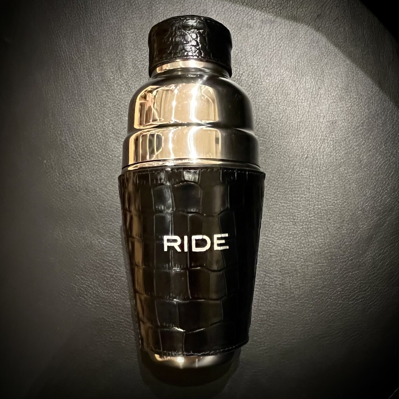 Graphic Image RIDE Leather Cocktail Shaker, silver embossed, ready for gifting in an elegant black box