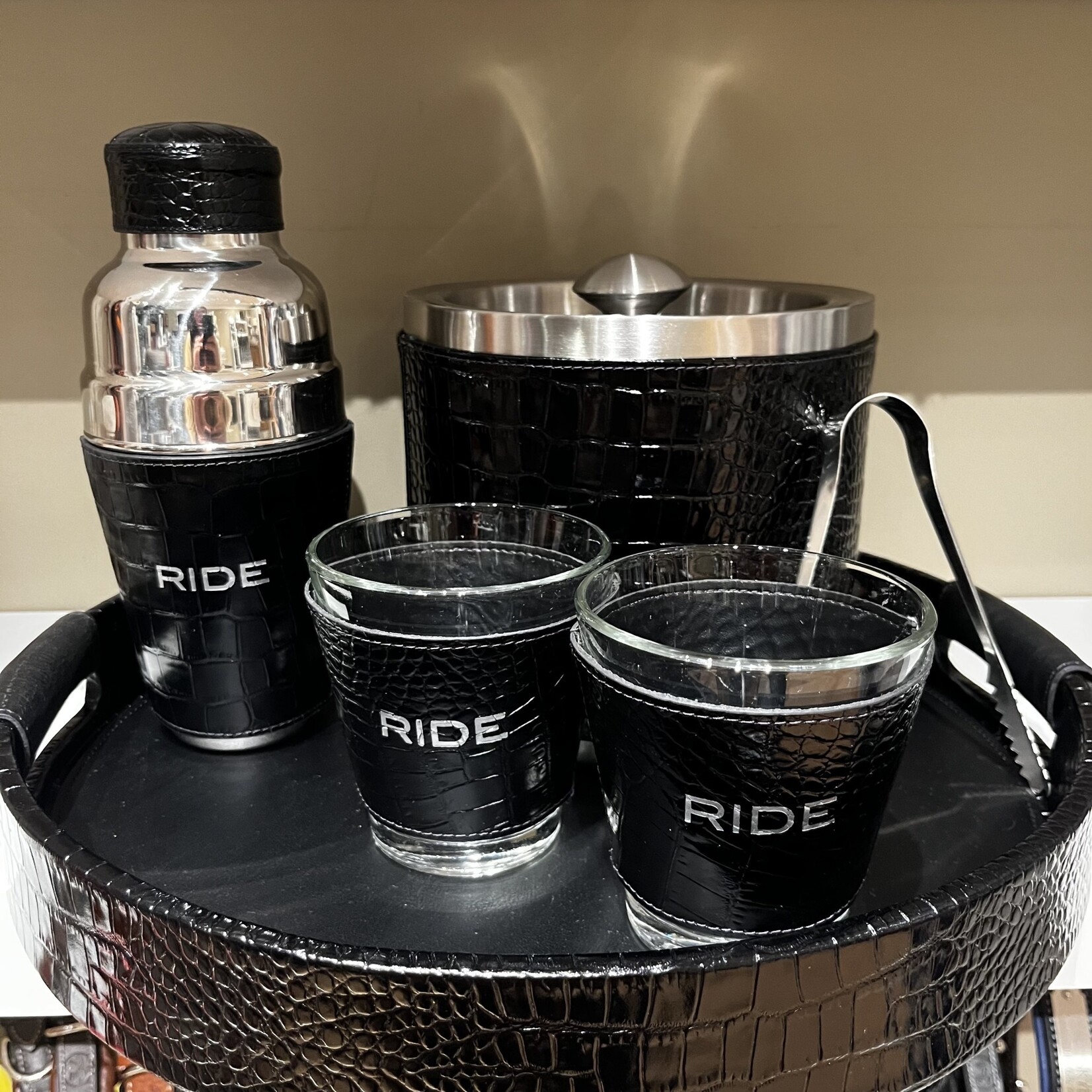 Graphic Image RIDE Leather Cocktail Shaker, silver embossed, ready for gifting in an elegant black box