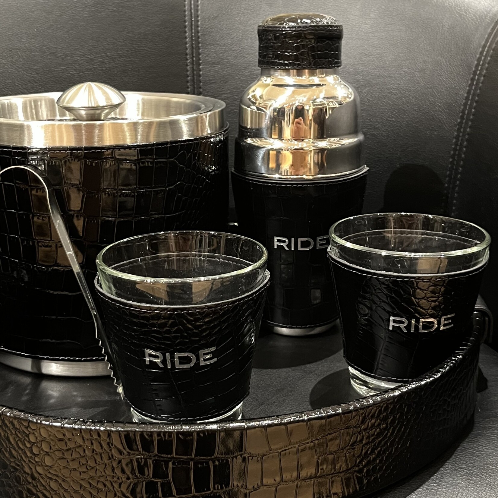 Graphic Image RIDE Printed Leather Wrapped Drinking  Glasses, silver embossed, boxed set of 2