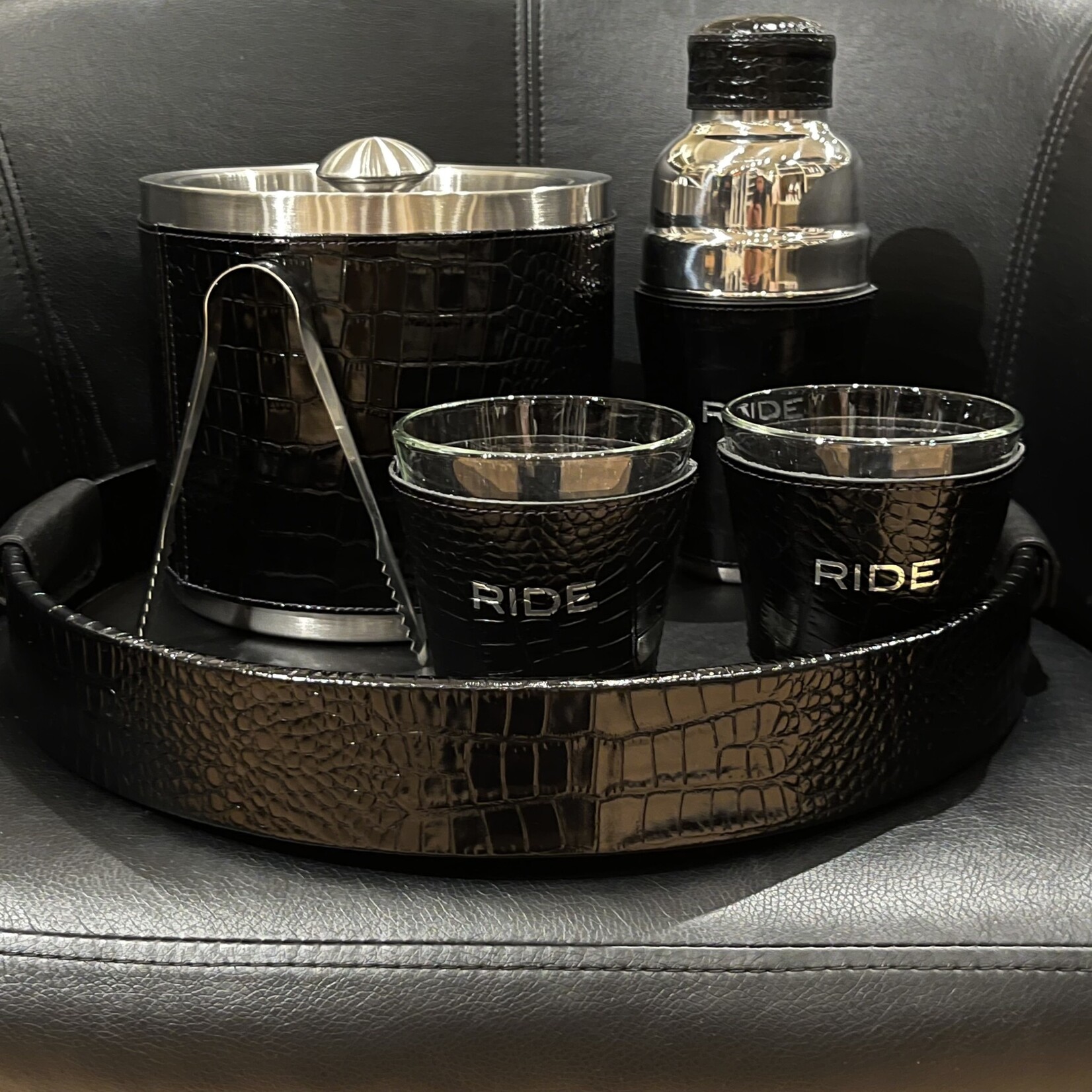 GiGi Round Leather Bar Tray with leather handles, 15"D x 2"H, the ultimate gift to complete your bar set
