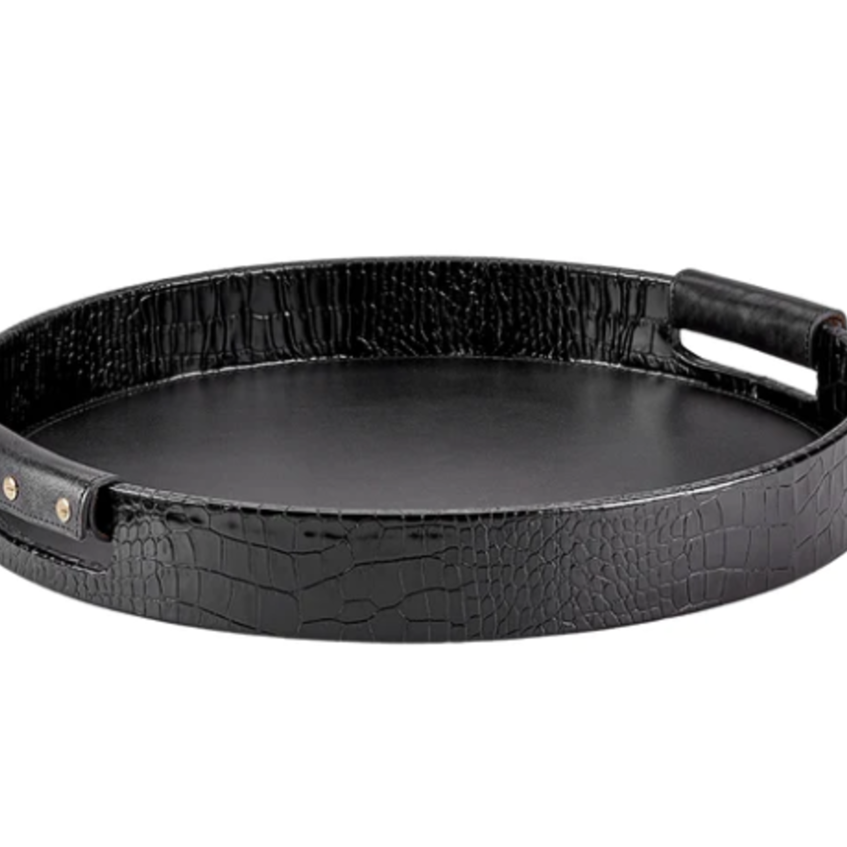 GiGi Round Leather Bar Tray with leather handles, 15"D x 2"H, the ultimate gift to complete your bar set