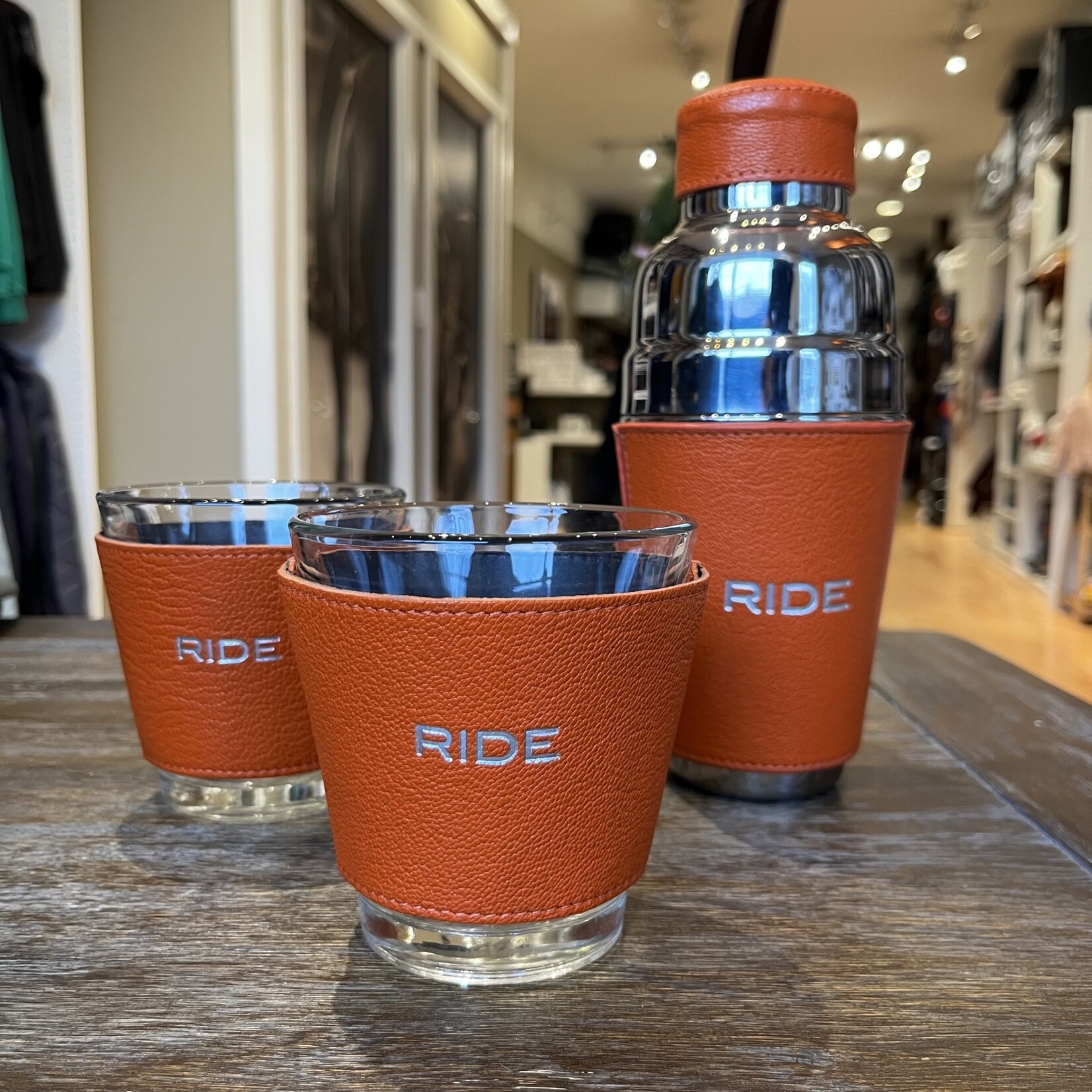 Graphic Image RIDE Printed Leather Wrapped Drinking  Glasses, silver embossed, boxed set of 2