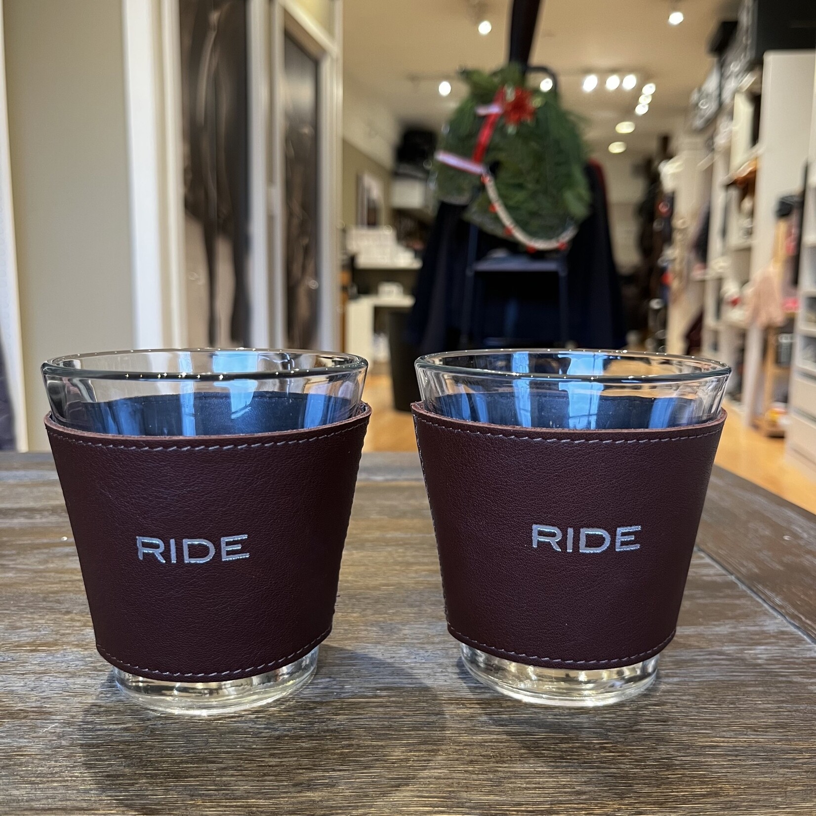 Graphic Image RIDE Printed Leather Wrapped Drinking  Glasses, silver embossed, boxed set of 2