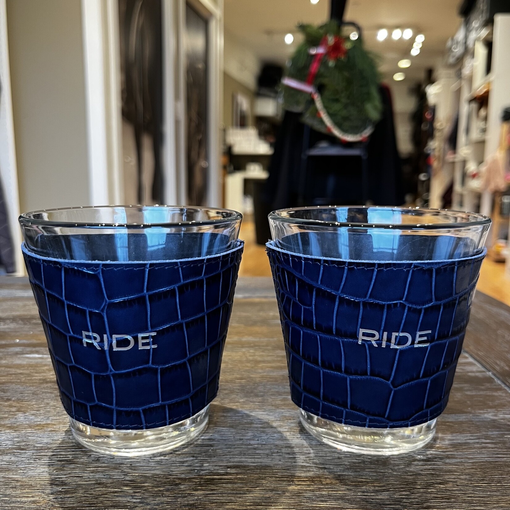 Graphic Image RIDE Printed Leather Wrapped Drinking  Glasses, silver embossed, boxed set of 2