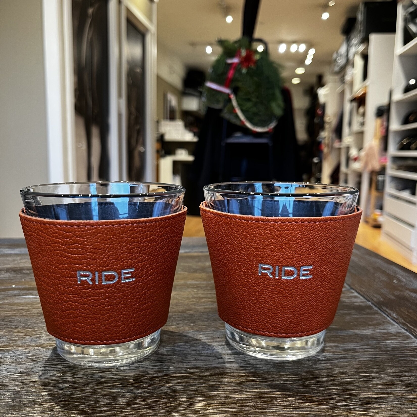 Graphic Image RIDE Printed Leather Wrapped Drinking  Glasses, silver embossed, boxed set of 2
