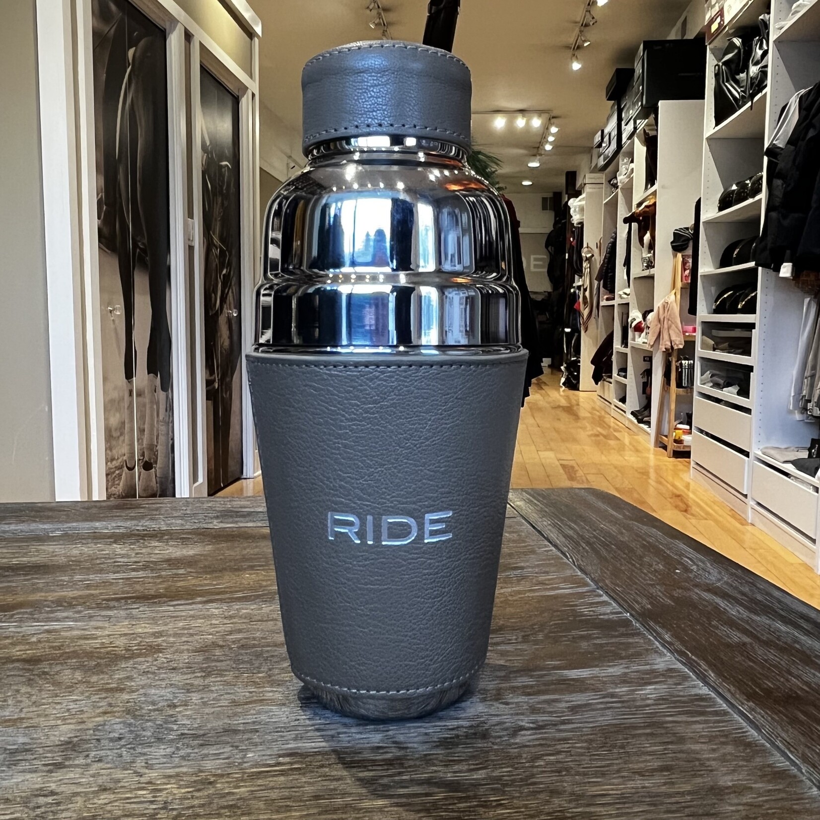 Graphic Image RIDE Leather Cocktail Shaker, silver embossed, ready for gifting in an elegant black box