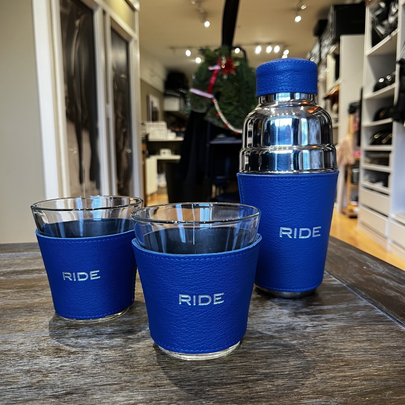 Graphic Image RIDE Leather Cocktail Shaker, silver embossed, ready for gifting in an elegant black box