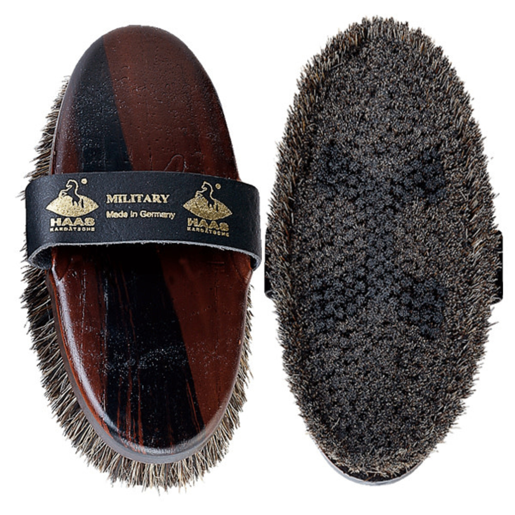 Haas HAAS Military Brush, brown-Burgundy Backing with Brown bristles with logo and rim of raised bristles on the outside to remove fine dust