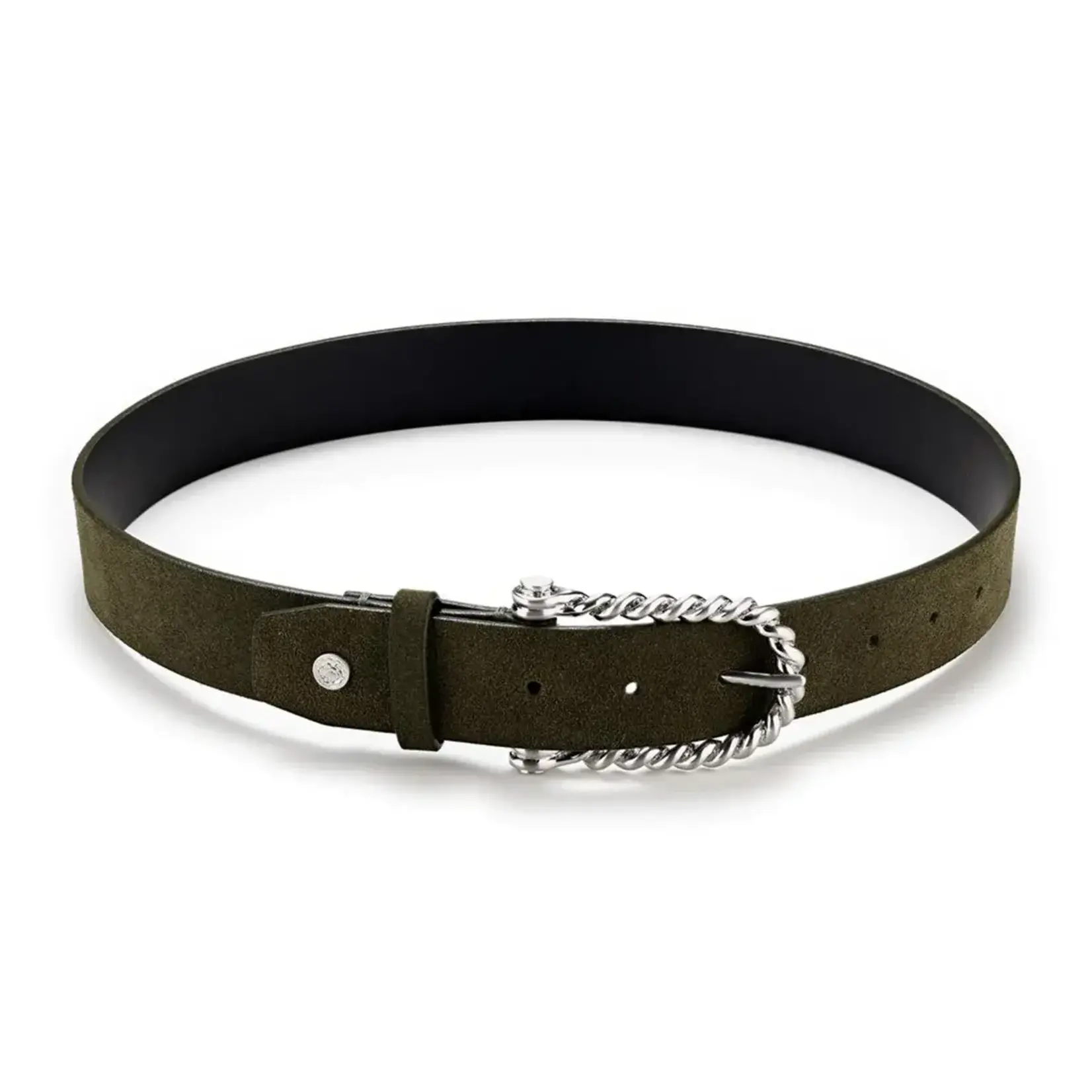 Style Stock Hannah Childs Belt, Twisted Bit Collection, Forest Suede with Brused Silver Buckle