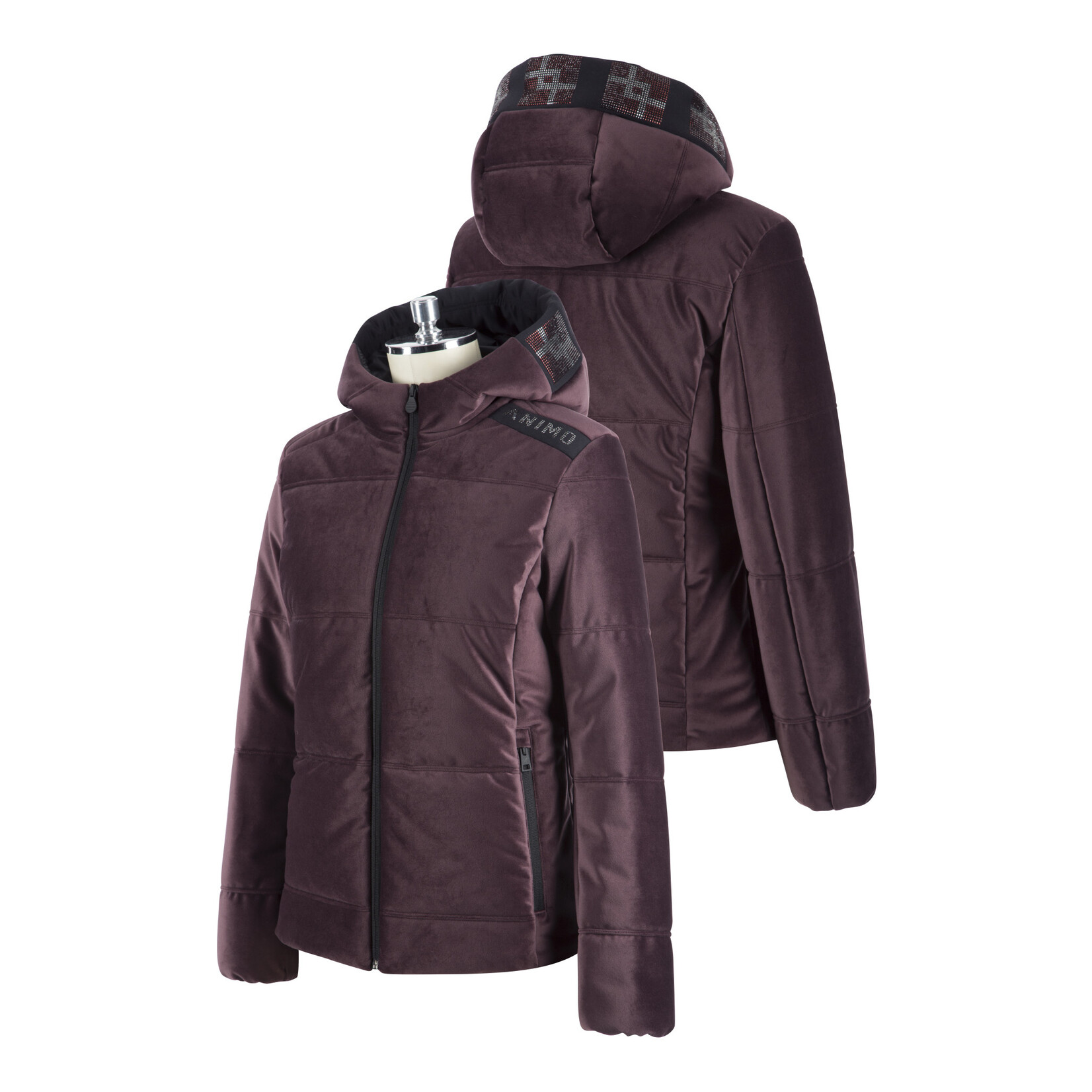 Animo Liviero Women's padded Ultra-soft and Cozy Jacket with snap-down hood and elegant Crystal logo on shoulder and framing the hood