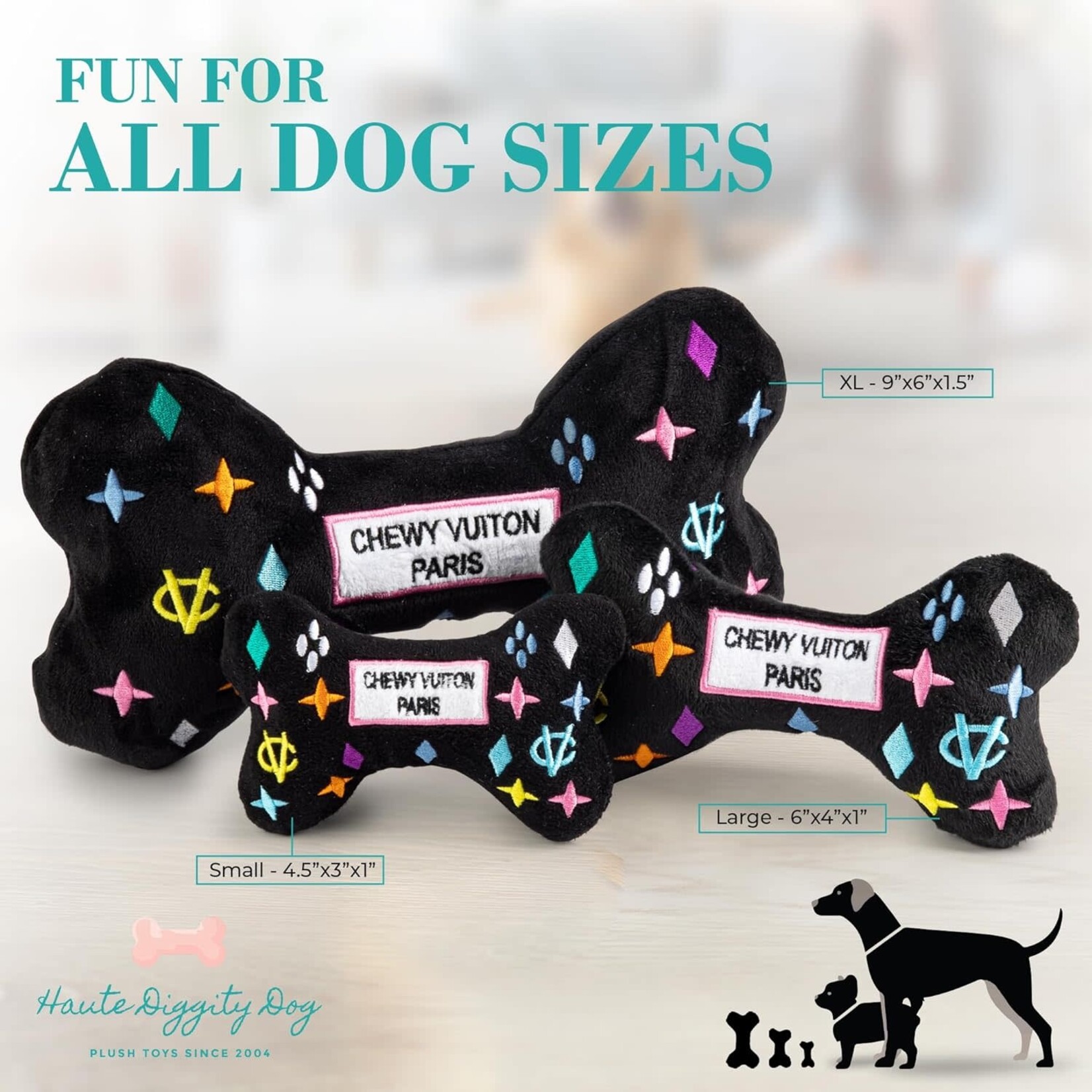 Haute Diggity Dog Black Monogram Chewy Vuiton Bone Squeaker Dog Toy, XL