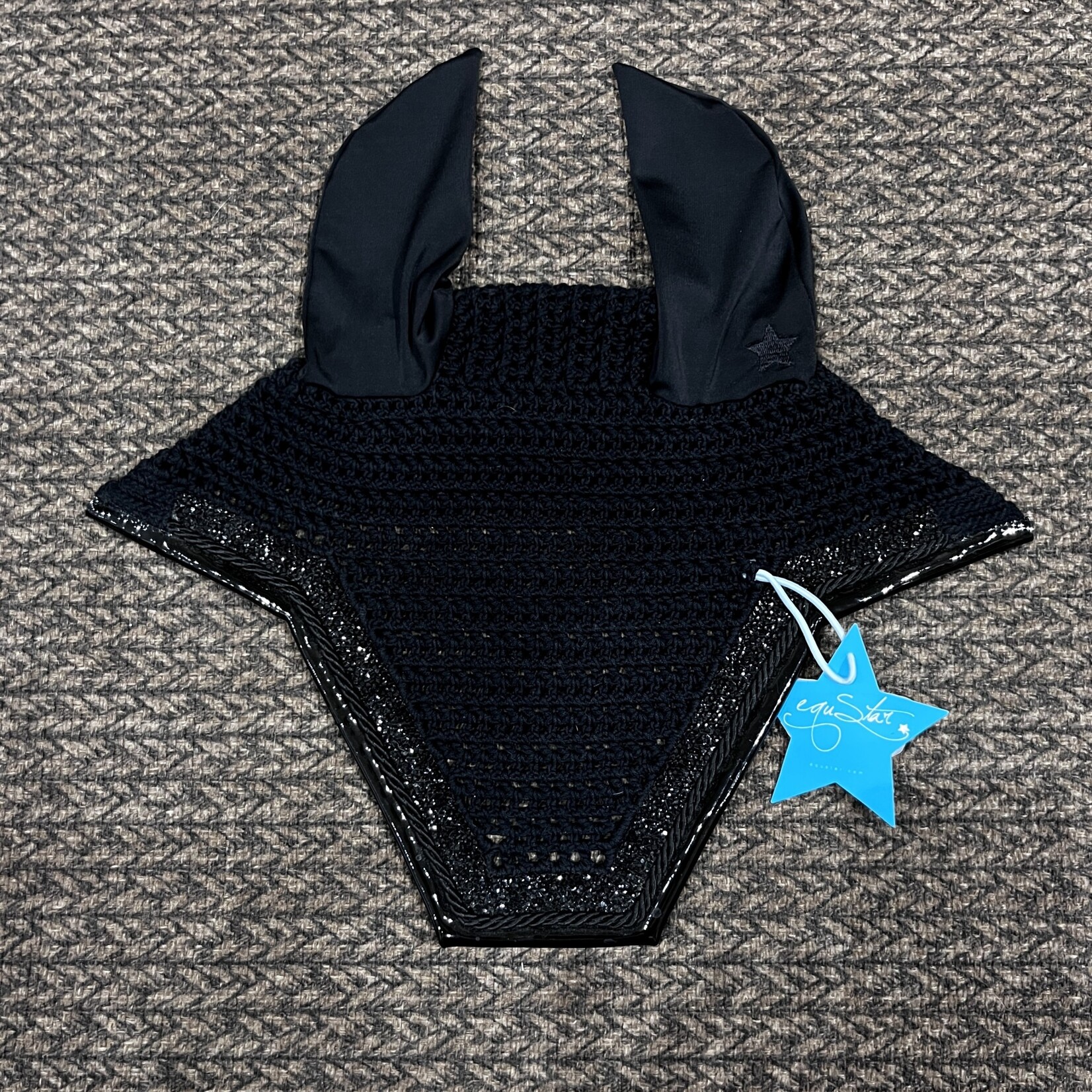 EquStar Black Square Bonnet, Regular Jet Black Ribbon, Black Cord, Black Patent trim, Black Star