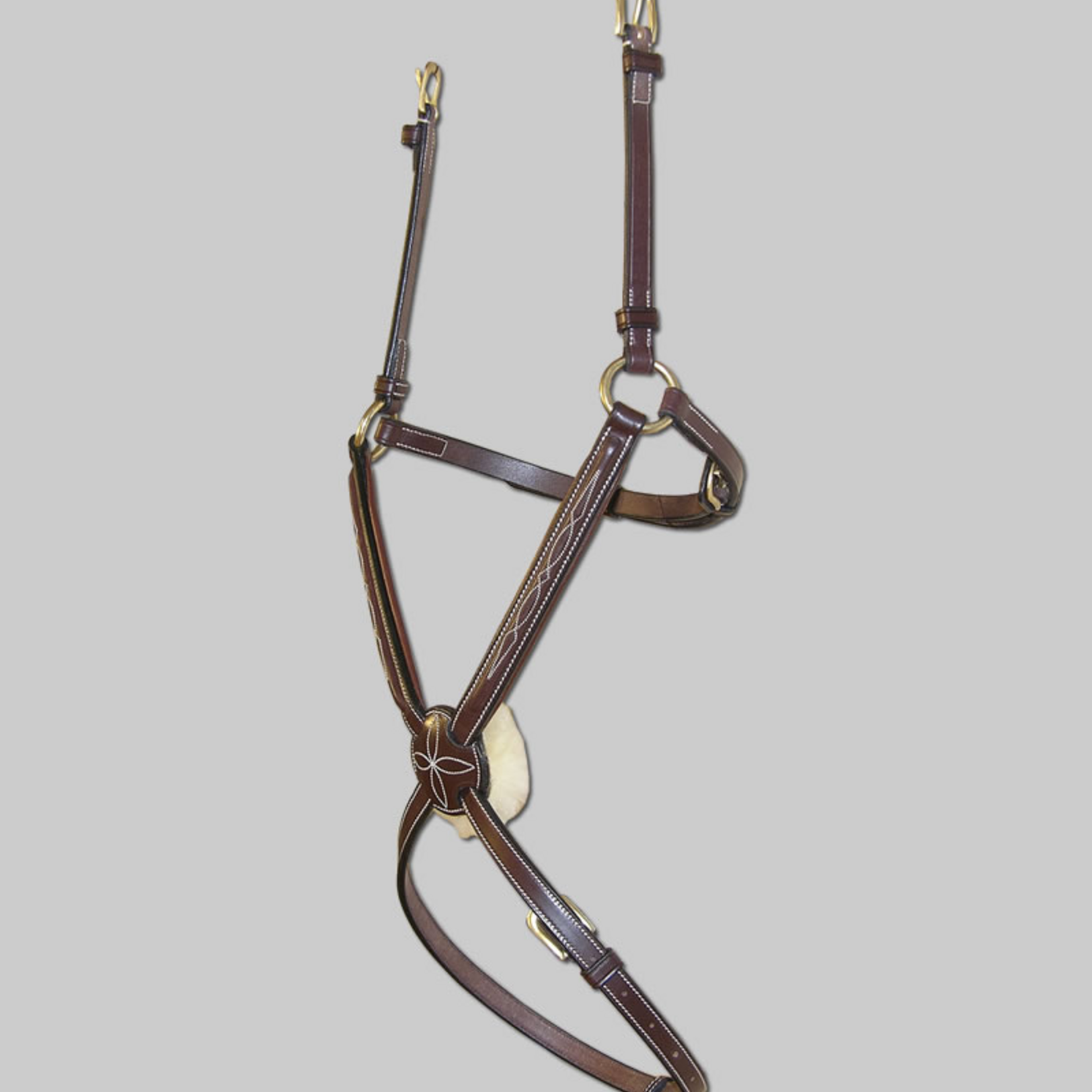 Dy'on DY04C Dy'on Slightly raised and padded Fig 8 noseband, Fancy stitch,  Natural sheepskin, Cream stitching, Brass buckles